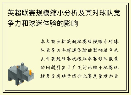 英超联赛规模缩小分析及其对球队竞争力和球迷体验的影响
