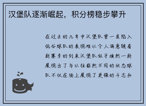 汉堡队逐渐崛起，积分榜稳步攀升